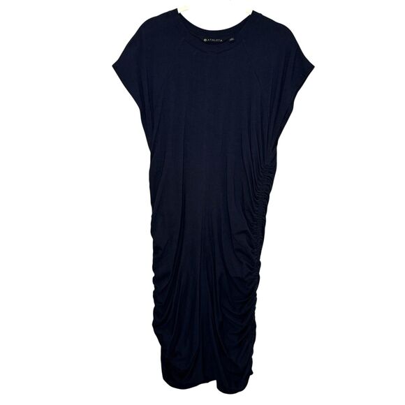 Athleta Dress Size Large Blue Apres Ruched Side Modal Cotton Casual Relaxed Fit - Picture 1 of 11